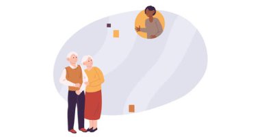 Emeklilik bütçesi planı. Finansal danışmana danışıp para yatıran yaşlı bir adam ve kadınla afiş taşımak. Finansal okuryazarlık ve para yönetimi. Çizgi film düz animasyon grafikleri