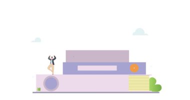 Meditasyon yapan bir ofis çalışanı. Mutlu ofis çalışanlarıyla afiş taşıyarak dokümanlı klasörlerin üzerinde yoga yapmak. Akıl sağlığı için iş yerinde dinlenme ve dinlenme. Çizgi film düz animasyon grafikleri