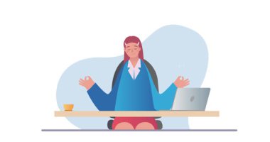 Meditasyon yapan bir ofis çalışanı. Kadın girişimci ya da ofis çalışanının Zen 'e yakalandığı ve tatil sırasında dinlendiği afişleri taşımak. Duygusal ve psikolojik sağlık. Çizgi film düz animasyon grafikleri