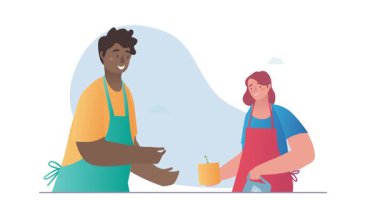 İnsanlar bahçeyle uğraşmayı sever. Erkek ve kadın bahçıvanların olduğu afişler çiçek dikmek, çiçek yetiştirmek ve sulamak. Çiftçiler iş yapıyor. Tarım hobisi. Çizgi film düz animasyon grafikleri