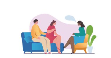 Psikoterapi seansı. İlişkilerinin bitmesine ramak kalmış genç bir çiftle taşınmak mı yoksa psikologla aile psikoterapisi seansında boşanmak mı? Çizgi film düz animasyon grafikleri