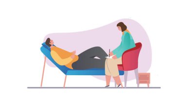 Psikoterapi seansı. Psikologla randevusu olan kafası karışık bir adamla afiş taşıyordu. Depresyon tedavisi, psikolojik bozukluklar ve zihinsel sorunlar. Çizgi film düz animasyon grafikleri