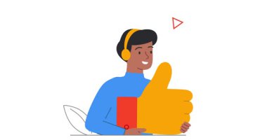 Sosyal medya yıldızı. Gülümseyen erkek içerikli yaratıcının baş parmağını kaldırdığı hareketli afiş. Blogcu ya da sözü geçen kişi, izleyiciyi çekmek için ilginç içerikler yaratır. Düz ana hatlı canlandırılmış grafikler