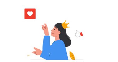 Sosyal medya yıldızı. Mutlu kız blogcu ya da taç giyen içerik yaratıcısı ile afiş taşıyarak izleyicilerden beğeni, yorum ve tepkiler toplamak. Popüler internet etkileyicisi. Düz ana hatlı canlandırılmış grafikler