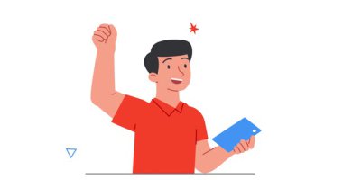 Sosyal medya yıldızı. Mutlu içerik yaratıcısı ya da blogcusu olan afiş, elinde akıllı telefon tutarak seyirciden tepkiler ve yorumlar alıyor. İnternet etkileyicisi. Düz ana hatlı canlandırılmış grafikler