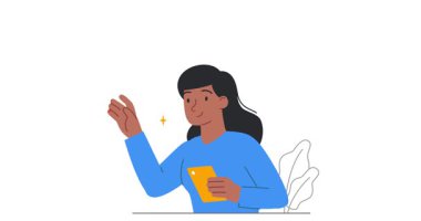 Sosyal medya yıldızı. Etrafı beğeni ve abonelerin tepkileriyle çevrili mutlu kız blog yazarının afişi. İçerik yaratıcısı ya da internet etkileyicisi elinde akıllı telefon tutuyor. Düz ana hatlı canlandırılmış grafikler