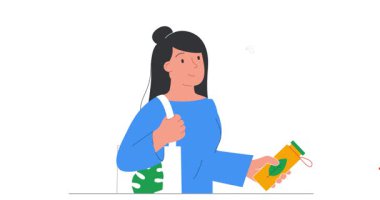 İnsan ekolojiyle ilgilenir. Sürdürülebilir yaşam tarzını takip eden ve temiz su içen mutlu bir kızla afiş taşımak. Sıfır atık ve koruma ortamı. Düz ana hatlı canlandırılmış grafikler