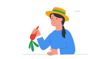 İnsan ekolojiyle ilgilenir. Lezzetli organik sebzeler yiyen mutlu vejetaryen kızla bayrak sallamak. Çevreyi korumak için çevre dostu yaşam tarzı. Düz ana hatlı canlandırılmış grafikler