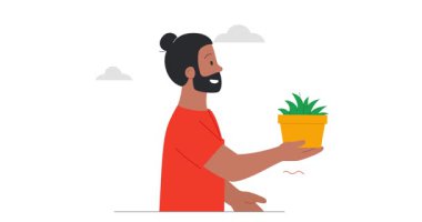 İnsan ekolojiyle ilgilenir. Kapalı alanda bitki ya da çiçek yetiştiren gülümseyen erkek bahçıvanın afişi. Doğayı ve çevreyi korumak. Çevre dostu yaşam tarzı. Düz ana hatlı canlandırılmış grafikler