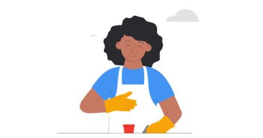 İnsan ekolojiyle ilgilenir. Kapalı alanda çiçek yetiştiren mutlu kadın bahçıvanın afişi. Karakter çevre dostu bir hayat sürüyor ve doğayı önemsiyor. Düz ana hatlı canlandırılmış grafikler