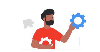 Sorunları çözmek. Elinde teçhizat olan mutlu bir erkek girişimci bayrağı taşımak ve teknik sorunu çözer. Bakım, onarım ve tanı. Düz ana hatlı canlandırılmış grafikler
