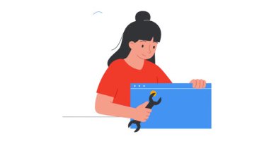 Sorunları çözmek. Mutlu kadın müşteri hizmetleri çalışanı afişi taşıyarak hata veya yazılım kodlarındaki hataları düzeltiyorum. İngiliz anahtarı tamir sitesi olan bir karakter. Düz ana hatlı canlandırılmış grafikler