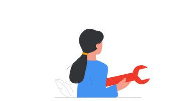 Sorunları çözmek. İngiliz anahtarıyla web sitesi bakımı yapan bir kadınla afiş taşımak. Teşhis, hata veya hata düzeltme ve onarım. Teknik destek. Düz ana hatlı canlandırılmış grafikler