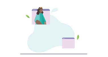 Video konferans görüşmesi. İnternette birbirleriyle iletişim kuran mutlu erkek ve kadınların afişlerini taşımak. Arkadaşlarla, meslektaşlarla ya da akrabalarla çevrimiçi toplantı. Çizgi film düz animasyon grafikleri