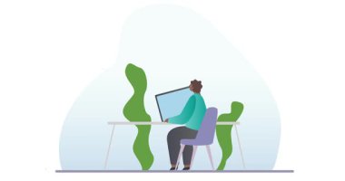 Video konferans görüşmesi. İnternetteki toplantıda iş sunumunu dinleyen ofis çalışanlarıyla afiş taşımak. Müdür, çalışanlardan oluşan bir ekiple iletişim kuruyor. Çizgi film düz animasyon grafikleri