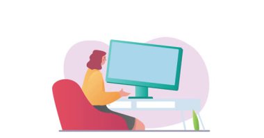 Video konferans görüşmesi. İnternetteki toplantıda iş arkadaşlarıyla iletişim kuran kadın ofis çalışanıyla afiş taşımak. Uzaktan çalışanların takım çalışması ve işbirliği. Çizgi film düz animasyon grafikleri