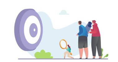 İş ekibi çalışması. İş arkadaşları ve ofis çalışanlarıyla afiş taşıyarak hedefe ulaşmak ve başarıya ulaşmak için bir yol arıyorlar. Ortaklık, işbirliği ve işbirliği. Çizgi film düz animasyon grafikleri