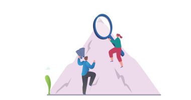İş ekibi çalışması. Bir grup meslektaşın ya da ofis çalışanının dağların zirvesine tırmandığı afiş. Başarı ve Hedeflere Ulaşım. Ortaklık ve işbirliği. Çizgi film düz animasyon grafikleri