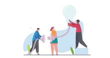 İş ekibi çalışması. Bir grup ofis çalışanı ya da meslektaşın prizi prize takıp ampulü açtığı afişi taşımak. İşbirliği ve ortaklık. Çizgi film düz animasyon grafikleri