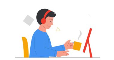 Evde çalışıyorum. Bilgisayarda çalışan ve ofisteki müşterilerle iletişim kuran mutlu erkek serbest yazarla afiş taşımak. Uzaktan kumandalı bir çalışan proje üzerinde çalışıyor. Düz ana hatlı canlandırılmış grafikler