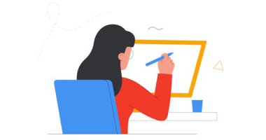 Evde çalışıyorum. Mutlu kadın uzaktan kumandalı işçi ya da serbest çalışan bir müşteriyle pankart taşımak. Grafik tasarımcısı ya da merkez ofisteki yaratıcı çalışan. Düz ana hatlı canlandırılmış grafikler