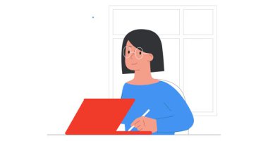 Evde çalışıyorum. Uzaktan çalışan ya da serbest çalışan bir işçiyle afiş taşımak laptopta görevler yapmak ve yaratıcı fikirler üretmek. Kadın girişimci, merkez büroda. Düz ana hatlı canlandırılmış grafikler