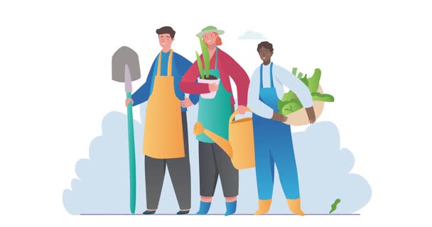 Люди любят садоводство. Перемещение баннера с мужчинами и женщинами-садовниками и фермерами с поливной банкой и лопатой посадки деревьев и цветов. Сельскохозяйственное хобби. Мультфильм с плоской анимацией