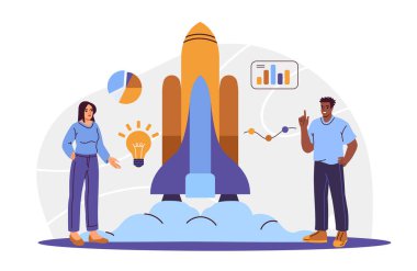 İş analizleri roketi fırlatıyor. Erkek ve kadın ya işe başlar ya da iş projesine. İnsanlar istatistik, grafik ve grafiklerle çalışır. Yenilik ve anlayış. Düz vektör illüstrasyonu