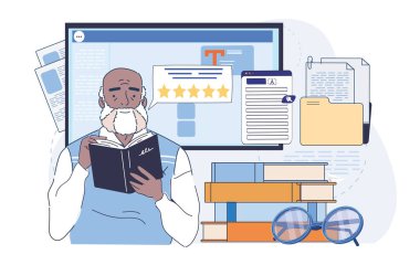 Eleştirmen kitap okudu. Kitapların ve kurguların yanında kitabı olan yaşlı bir adam. Gazeteci ve edebiyat eleştirmeni. Edebi eserlerin analizi ve değerlendirmesi. Doğrusal vektör çizimi