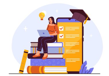 Mesafe öğrenen kadın. Dizüstü bilgisayarı olan genç bir kız büyük bir akıllı telefonun yanında kitap yığınının üzerinde oturuyor. Uzaktan eğitim ve eğitim. Ödev yapan bir öğrenci. Düz vektör illüstrasyonu