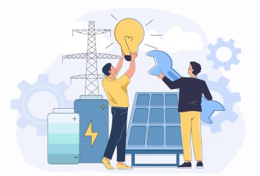 Elektrikçi güneş panellerini tamir ediyor. Güneş panelinin yanında İngiliz anahtarı ve ampulü olan iki adam. Bakım ve sorun giderme. Tamirciler bozuk ekipmanları tamir ediyor. Doğrusal vektör çizimi