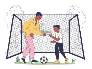 Baba oğul futbol oynuyor. Erkek ve çocuk topa vuruyor. Aktif yaşam tarzı ve takım sporu. Hobi ve boş zaman. Çocuklu bir ebeveyn birlikte vakit geçiriyor. Doğrusal vektör çizimi