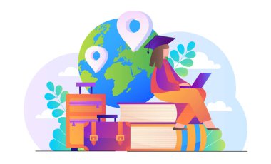 Yabancı öğrenci kadın. Dizüstü bilgisayarı olan genç bir kız ders kitaplarının üzerinde oturuyor. Uluslararası öğrenim ve eğitim, eğitim. Dünya çapında stajyerlik konsepti. Düz vektör illüstrasyonu