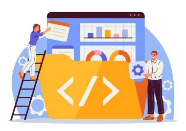 İnsanlar bilgiyle çalışır. Kadın ve erkek, istatistik ve bilgi grafikleriyle klasörün yanında. Grafikleri ve çizelgeleri olan belgeler. Arşivdeki analist ekibi. Düz vektör illüstrasyonu