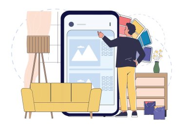 İç mimar çevrimiçi. Akıllı telefonlu bir adam oda için mobilya seçiyor. Mobilya ve yenileme. Renkli palet ve sarı kanepeli tasarımcı. Doğrusal vektör çizimi