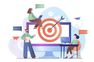 Pazarlama hedefi olan insanlar. Pazarlamacılardan oluşan ekip internetteki içeriği destekliyor. Reklam ve pazarlama, promosyon. Takım çalışması ve ortaklık. İş arkadaşları ve ortaklar. Düz vektör illüstrasyonu