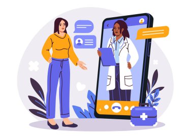 Tıbbi danışmanlık çevrimiçi. Kadın doktor üniformalı doktoru arıyor. Sağlık ve ilaç, teletıp. İnternet 'te teşhis ve tedavi. Düz vektör illüstrasyonu