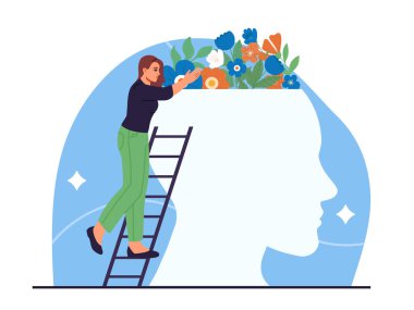 Kadın akıl sağlığını önemser. Genç kız, soyut bir baş siluetinin yanında, çiçekli. Farkındalık ve farkındalık. Kendinden emin ve pozitif biri. Düz vektör illüstrasyonu