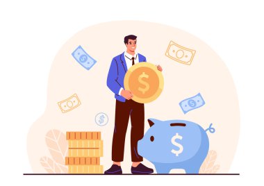 Birikmiş parası olan adam. Kumbaranın yanında altın paraları olan genç bir adam. Finansal okuryazarlık ve pasif gelir. Bütçe ve muhasebe. Ekonomi ve yatırım. Düz vektör illüstrasyonu