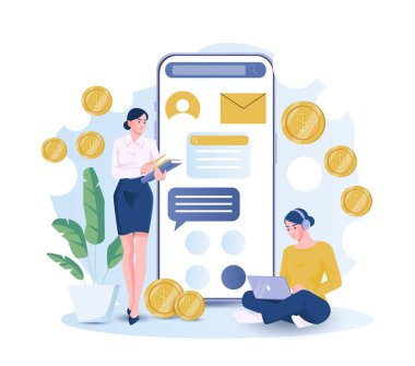 Online bankası olan kadınlar. Akıllı telefonun yanındaki altın paralı iş kadını. Nakit para transferleri ve işlemler. Dijital ödeme. Banka hizmetleri. Düz vektör illüstrasyonu