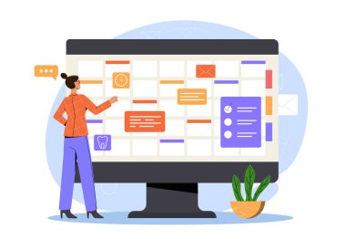 Online takvimi olan kadın. Bilgisayarın yanında takvimi olan genç bir kız. Planlama ve planlama için başvuru. Zaman yönetimi ve etkili çalışma sürecinin düzenlenmesi. Düz vektör illüstrasyonu
