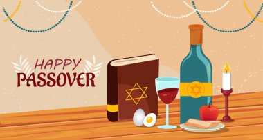 Fısıh bayrağınız kutlu olsun. Geleneksel Yahudi bayramı. Kültür ve din, inanç. Koşer yemeği ve yahni. Web sitesi afişi ya da afişi. Düz vektör illüstrasyonu