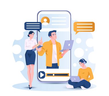 İnternette özel öğretmen. Akıllı telefonun yanında, ekranda erkek olan kadınlar. İnternet 'te eğitim ve öğrenim. Çevrimiçi işletme okulu. Giyin ve nutuk at. Düz vektör illüstrasyonu