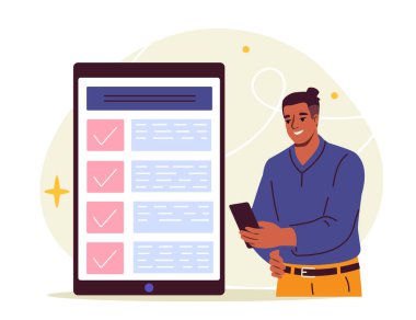 Tamamlanmış görevleri olan bir adam. Akıllı telefon saati olan genç bir adam. Keneli kutucuk. Etkili çalışma sürecinin zaman yönetimi organizasyonu. Düz vektör illüstrasyonu