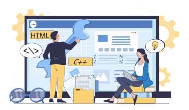 Web sitesi geliştiren programcılar. İngiliz anahtarı olan kadın ve adam web sayfası için tasarım elementleri geliştiriyorlar. Uygulama, program veya yazılım geliştirme. Doğrusal vektör çizimi