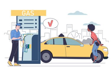 Benzin istasyonunda yakıt ikmali. Kadın ve erkek otomobillere yakıt ikmali yapıyor. Diesel, benzin ve petrol. Ulaşım ve otomobil. Mülteci müşteriyle. Doğrusal vektör çizimi