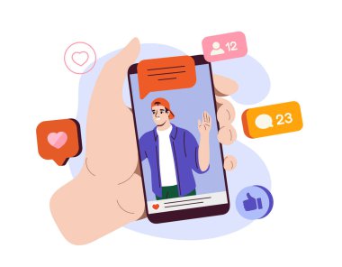 Sosyal medyada paylaş. Üzerinde genç adamın fotoğrafı olan akıllı telefon. Sosyal ağlarda ilginç içerik. Popüler blogcu, içerik yaratıcısı ve etkili. Düz vektör illüstrasyonu
