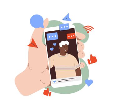 Sosyal medyada paylaş. Elinde akıllı telefon ve genç adamın fotoğrafı var. Sosyal ağlarda ilginç içerik. Popüler blogcu ve etkili. Tepkiler ve yorumlar. Düz vektör illüstrasyonu