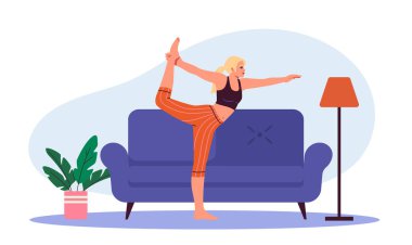 Evde yoga yapan bir kadın. Spor üniforma eğitimi alan genç bir kız. Pilates ve yoga. Spor ve spor, aktif yaşam tarzı. Meditasyon ve esneme. Düz vektör illüstrasyonu