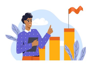 İş başarısı konsepti. Haritaların yanındaki adam. Strateji ve planlama, hedef belirleme. Liderlik, motivasyon, hırs. Başarı, ödül ve ödül. Düz vektör illüstrasyonu